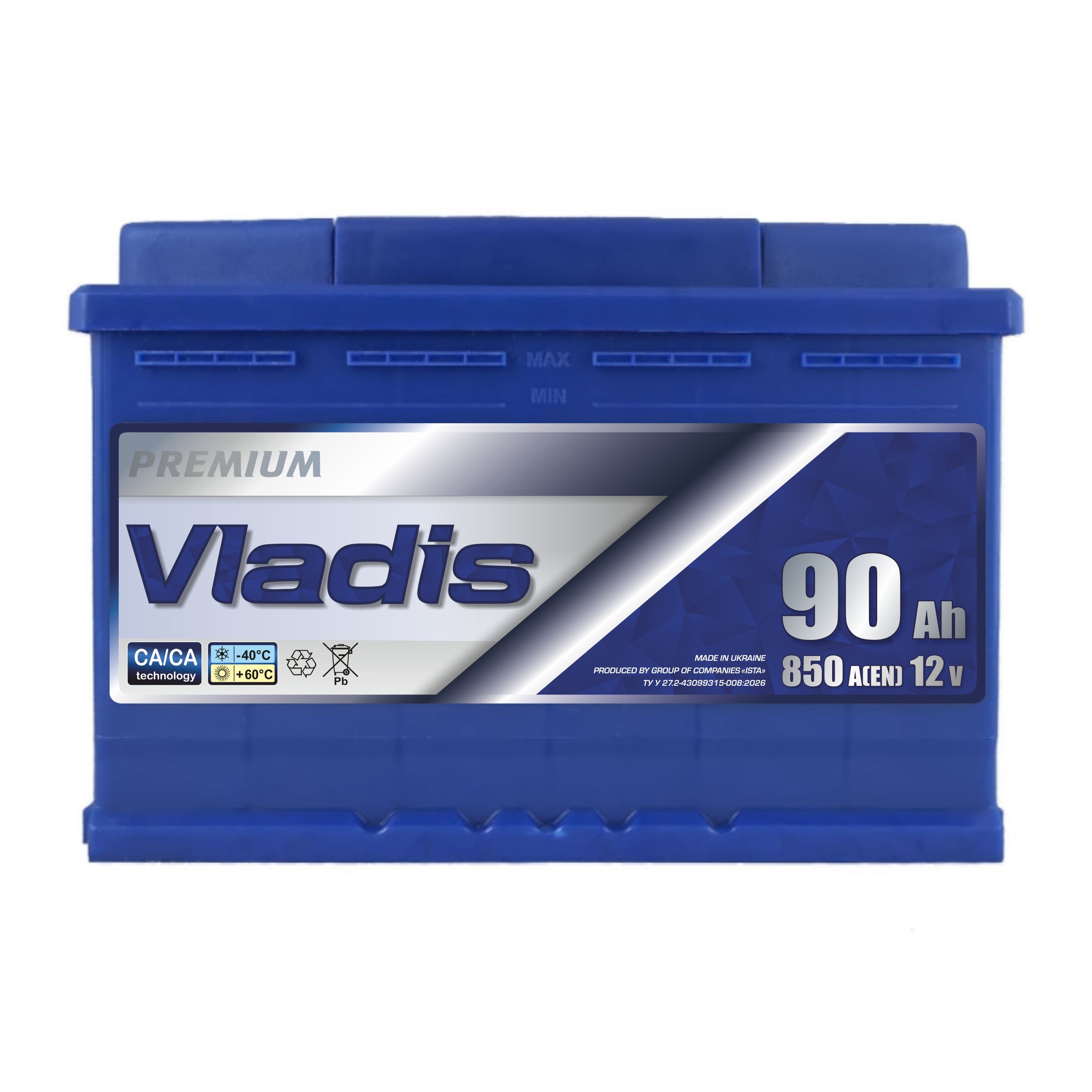 Акумулятор VLADIS PREMIUM 6СТ - 90Аh, 850A, плюс справа (R+), 278x175x190мм
